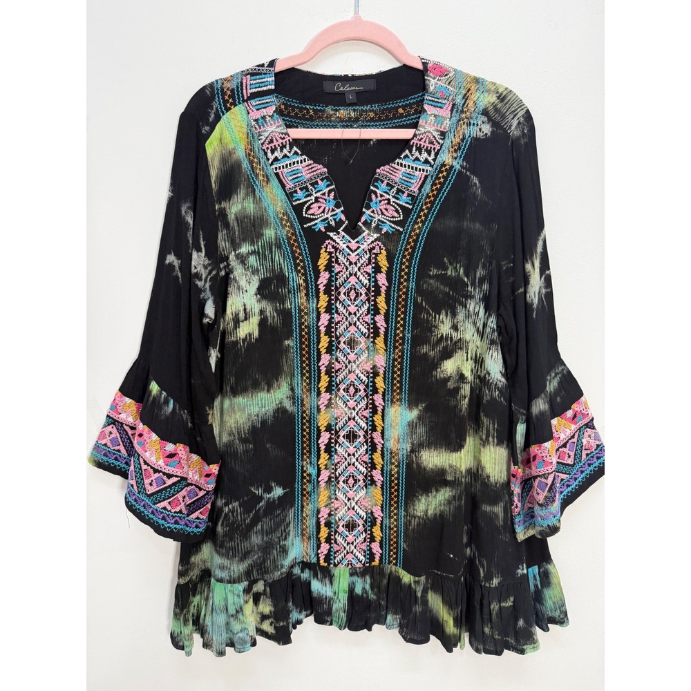 Calessa Tunic Top Size L Black Tie Dye Embroidered Boho Bell Sleeve Ruffle Hem